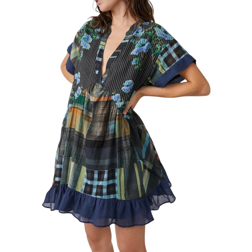 Free People Agnes Mini Dress Blue Floral Patchwork Dark Combo Boho Size Small